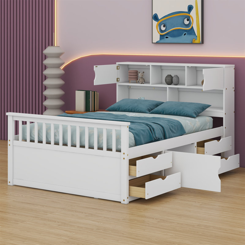 Base de lit plateforme capitaine avec bibliothèques de rangement et tablettes, quatre tiroirs, Blanc