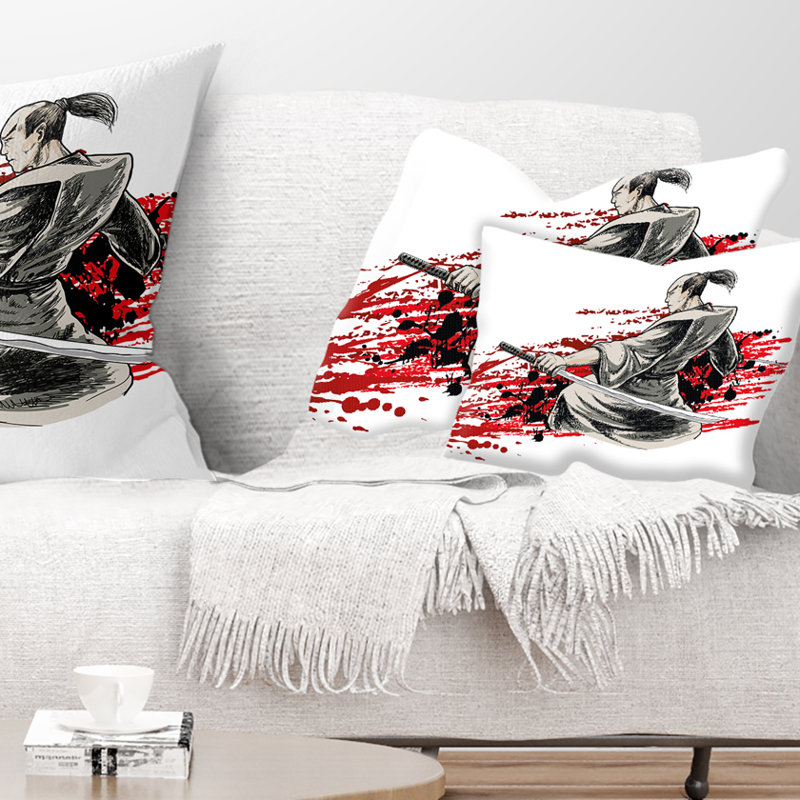 Coussin japonais à imprimé japonais Warrior, Rectangulaire, 12 po x 20 po