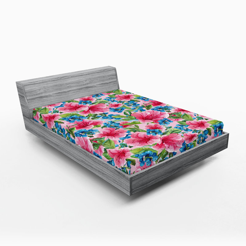Ambesonne Exotic Themed Fitted Sheet Chill Hibiscus Jungle Hot Pink Lavender Blue