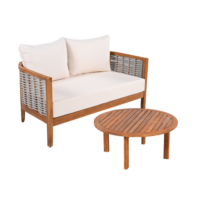 Gariepy Outdoor 2-Piece Acacia Wood Conversation Set With Woven Rope & Cushions