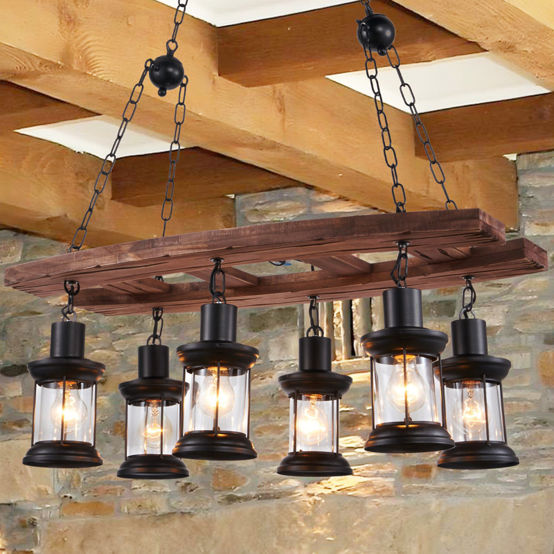 Lustre campagnard style rustique en bois 6 lumières à intensité variable