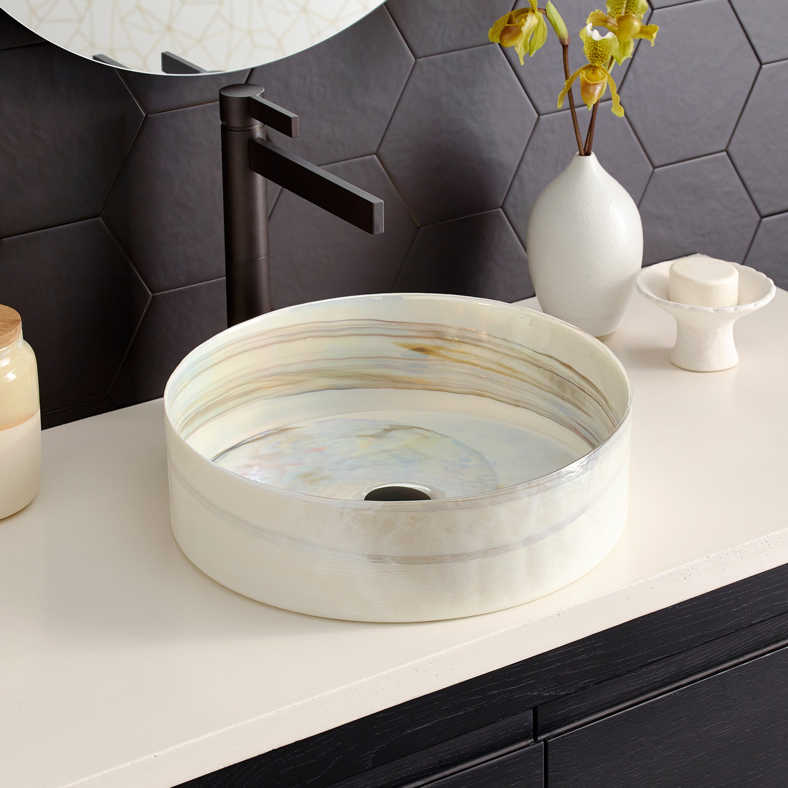 Positano 16" Murano Glass Round Vessel Bathroom Sink, Abalone