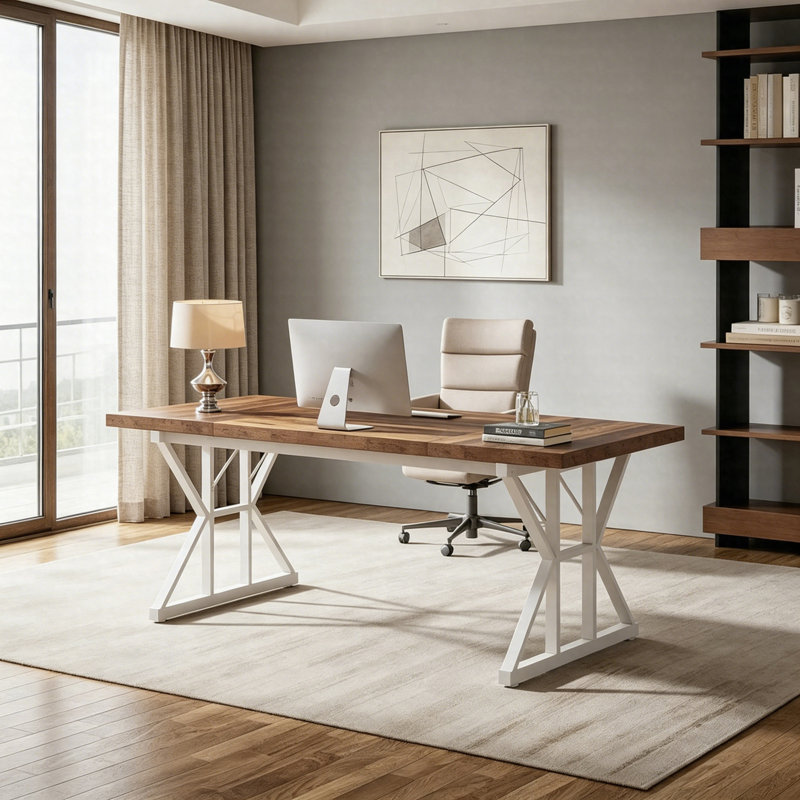 70.86" Executive Desk, Industrial Style Computer Desk For Home Office, Brown/White