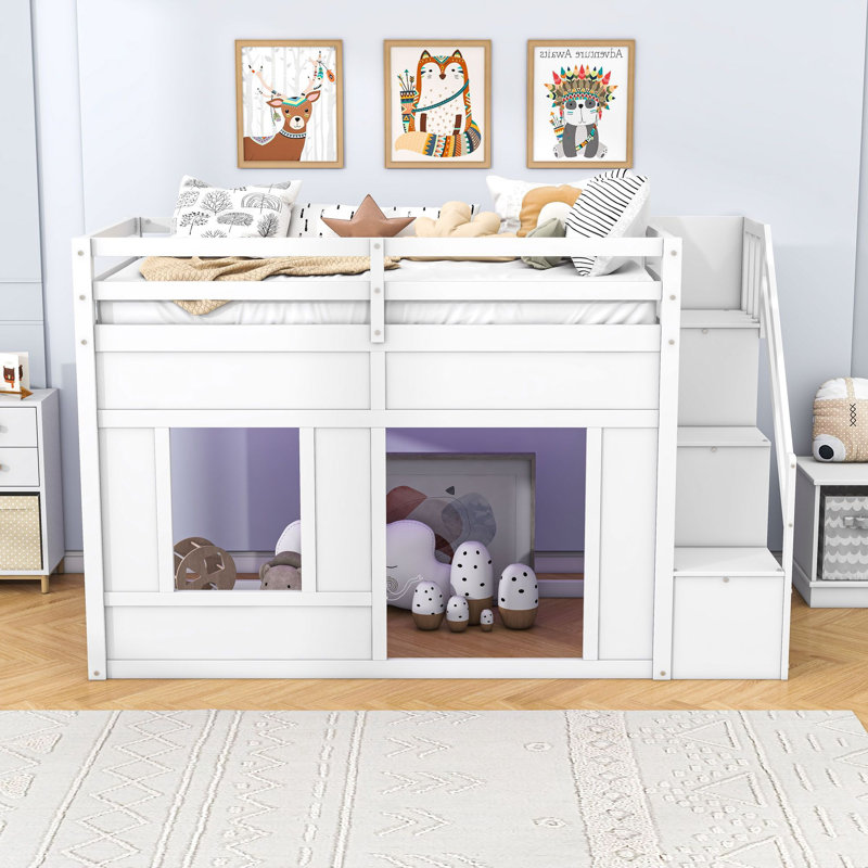 Lit superposé en bois avec escalier, tablettes et lumières DEL, Twin Over Twin, Blanc