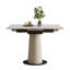 Table de salle à manger carrée extensible pour 4 à 6 personnes, plateau en pierre frittée blanc doux avec base en acier recouverte de cuir, table moderne peu encombrante pour les petites cuisines