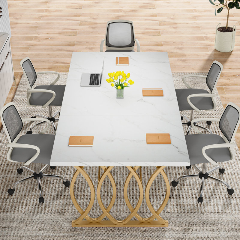 Executive Desk, 63" W Large Computer Desk, Gold, White Marble