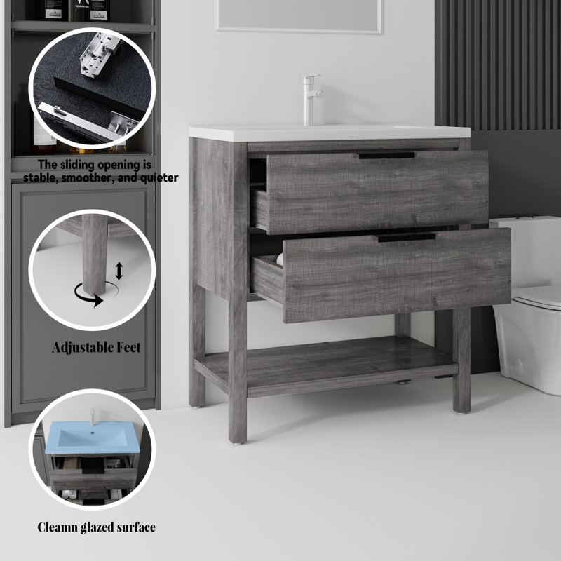 Meuble-lavabo autoportant avec lavabo, Gris, 36"
