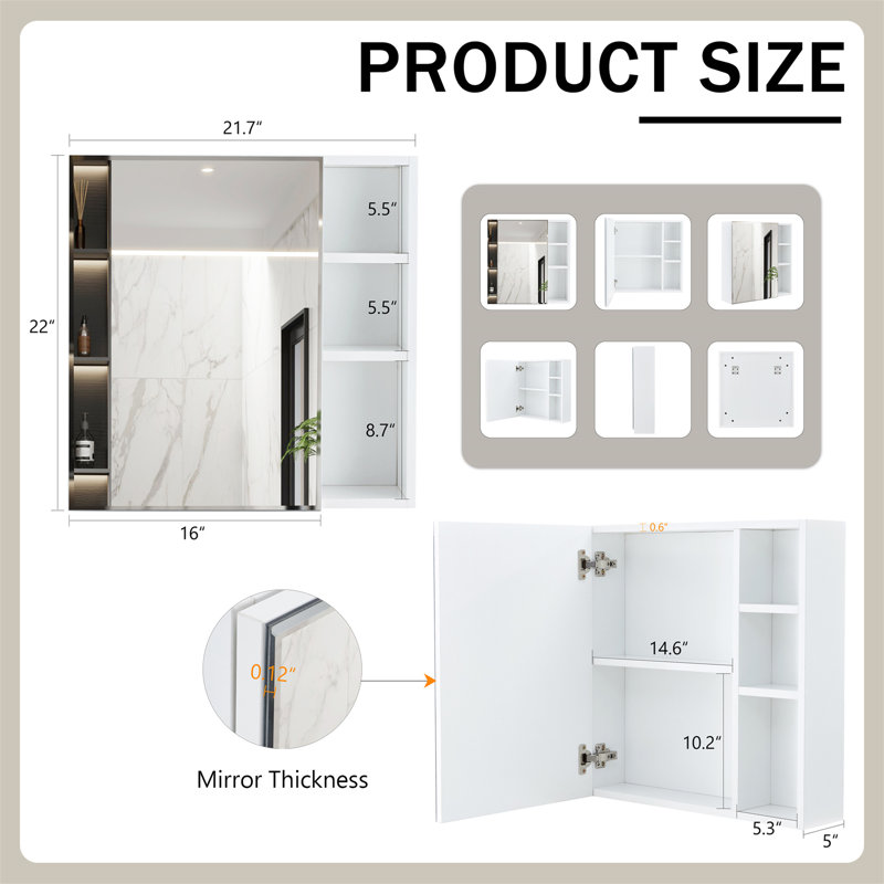Un miroir blanc en MDF, un miroir de salle de bain et un miroir mural séparé pour le rangement et le rangement.