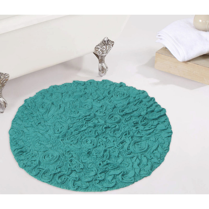 Taki Cotton Round Bath Rug, 30" Round, Turquoise