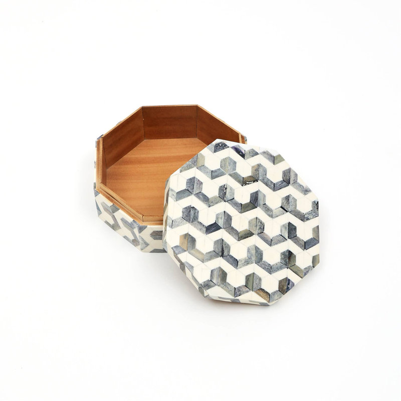 U Pattern Hexagon Bone & MDF Box –Modern Decorative Storage Solution-7.5X7.5X3"