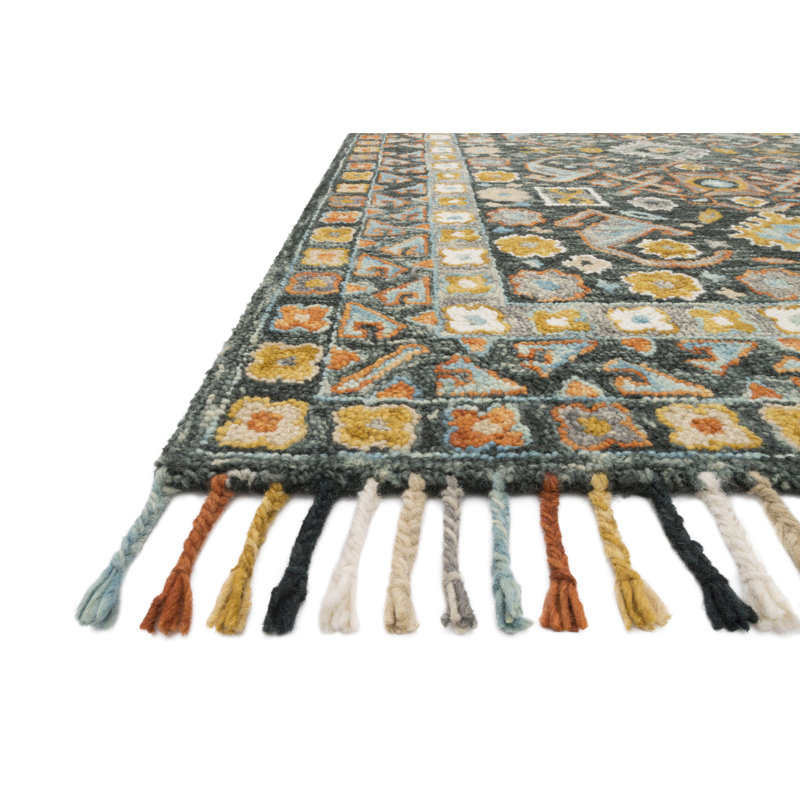 Tapis jaune / orange / carbone en laine crocheté à la main Bott, Tapis de couloir 2 pi 6 po x 7 pi 6 po
