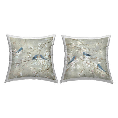 Blue Birds Perched Tree Blossoms Spring Scene 2 Piece Outdoor Printed Pillow Set by Sally Swatland