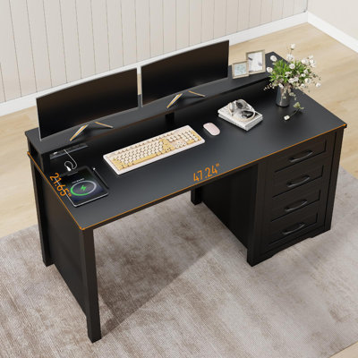 47" Farmhouse Executive Desk With Monitor Stand And LED Lights,4 Drawers Computer Desk With Power Outlets