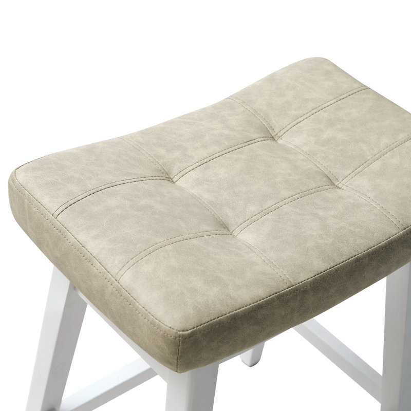 Extra Wide 19.7" Seat Counter Height Stool Modern Upholstered Wood Saddle Barstools, Light Gray Faux Leather Seat/White Frame