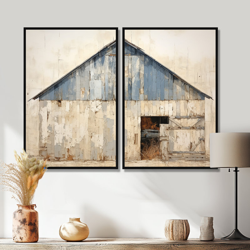 Beige et bleu grange - décoration murale bleue 2 panneaux, 36" H x 48" W, Black, Impression encadrée flottante