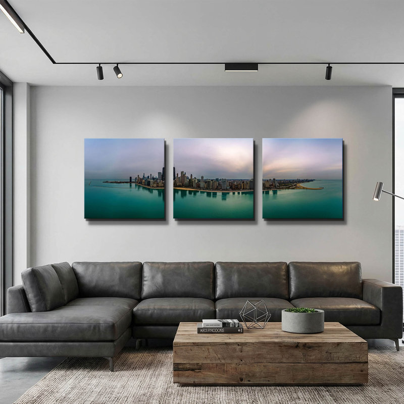 « Hiver nuageux à Chicago », triptyque mural d'AKG, 198 x 66 cm, 78 po x 26 po