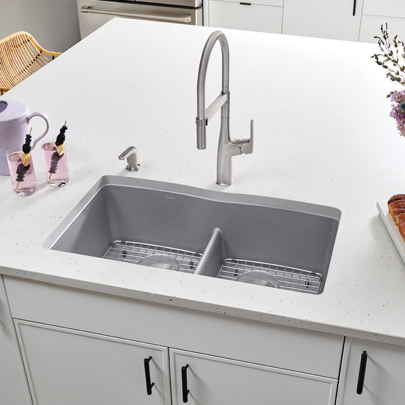 Diamond SILGRANIT 32" L X 19.25'' W Double Bowl Undermount Kitchen Sink with Low Divide, Truffle
