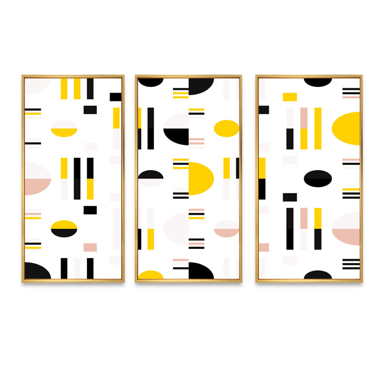 «Retro Geometric Design X», reproduction de cadre photo sur toile 3 pièces, H 32 po x l 48 po x P 1 po, Cadre doré