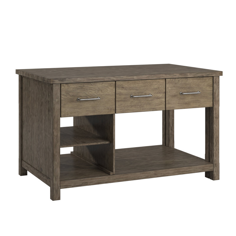 Tinka 3-Drawer Rectangle Pine Kitchen Island, Carbonized Pine, Gray