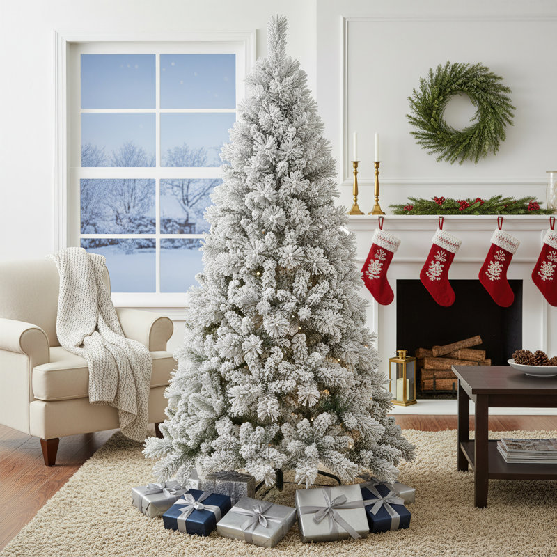 Arbre de Noël artificiel floqué blanc - Branches enneigées réalistes pour le décor des Fêtes, 4', Non pré-éclairé