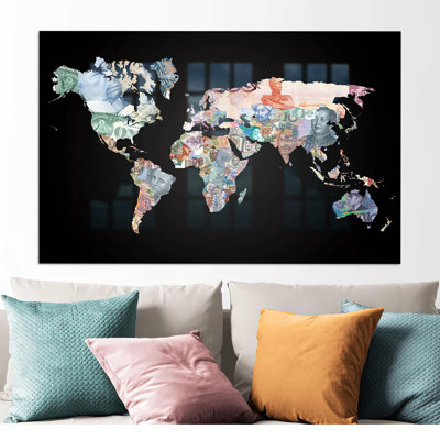 Stylish Money World Map Glass Print As Modern Art For Kitchen And Office Decor