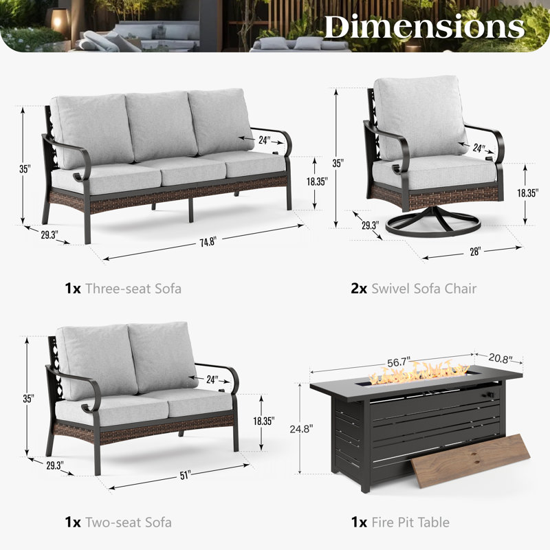 7 Person Outdoor Conversation Set With Swivel Lounge Chairs, Loveseat & Fire Pit Table, Black/Light Gray/Black