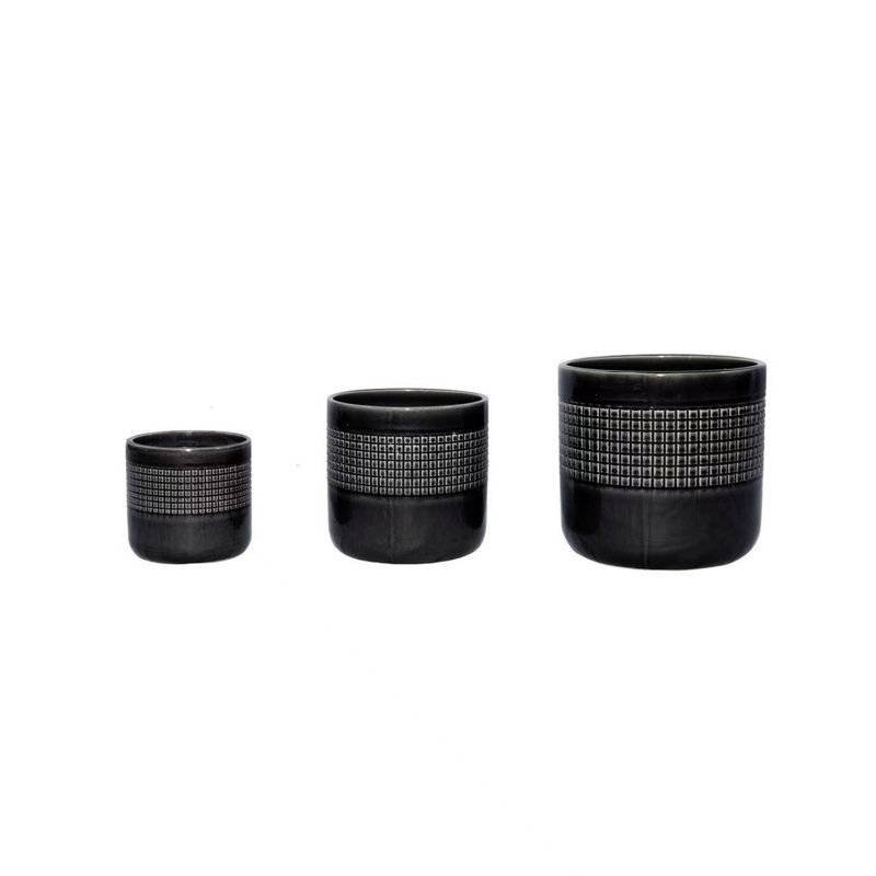 3 pots de fleurs en céramique, pot de fleurs moderne pour patio, jardin ou rebord de fenêtre - finition brillante, Noir