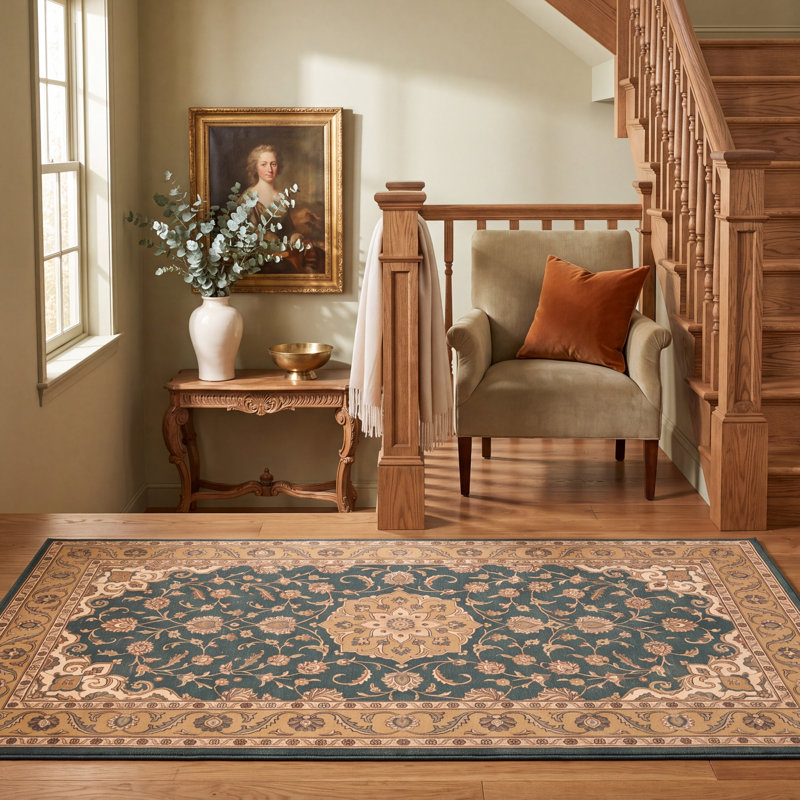 Tapis Linden2 traditionnel persan audacieux, de couleur or, vert, crème, ivoire, lavable à la machine, antidérapant, à poils courts, pour l'intérieur et l'extérieur, adapté aux animaux domestiques, idéal pour le salon, la chambre, la salle à manger, l'entrée, le couloir, le bureau.