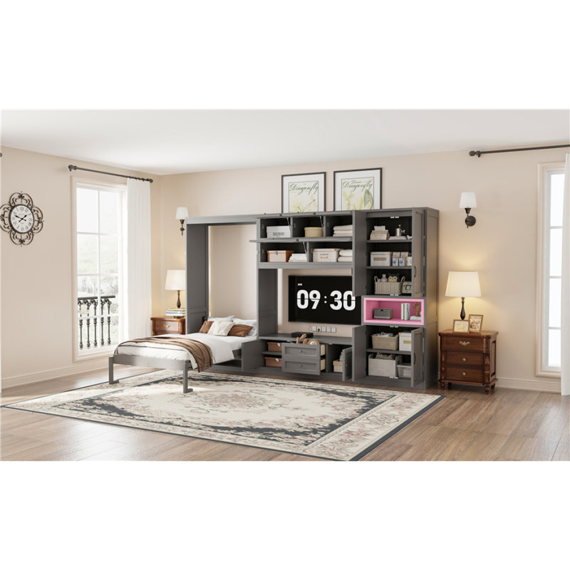 Lit escamotable simple en bois avec meuble télé, 2 tiroirs, tablettes et armoires, gris, Gris