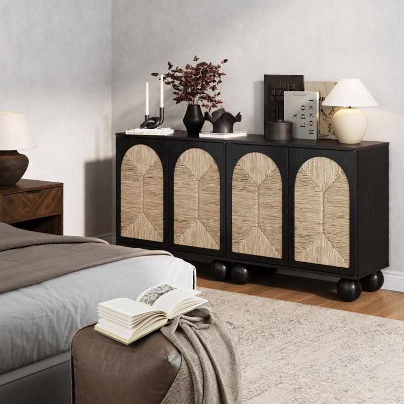Coran Boho Storage Cabinet with Ball-Style Feet and Seagrass Door Panels, Black