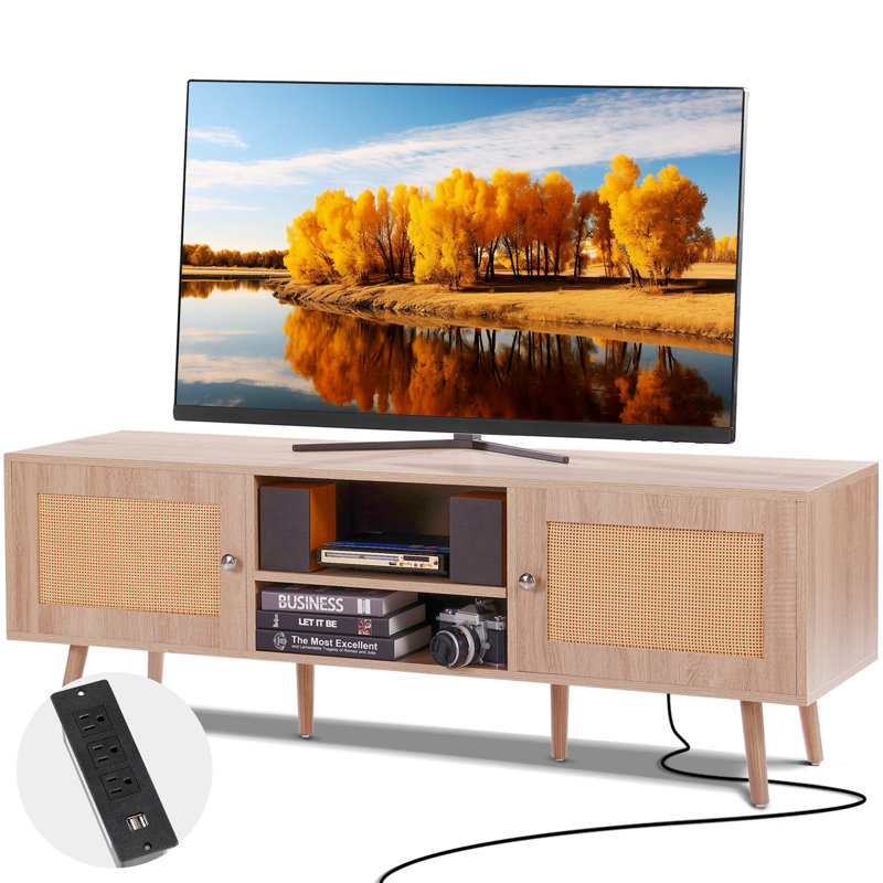 Mid Century Modern Oak Rattan TV Stand with Cabinet