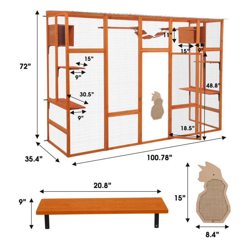 Large Orange Pine Outdoor Cat House with Platforms and Condos