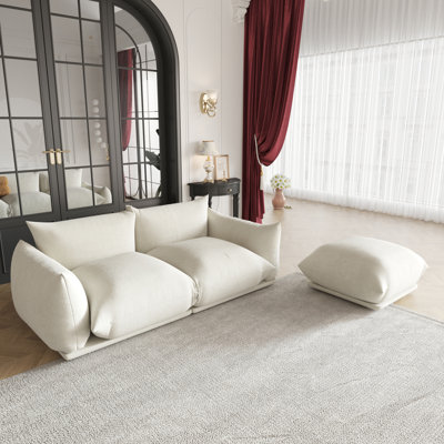 Minarik 2-Seat Chenille Fabric Upholstered Round Arm Sectional Loveseat With Ottoman