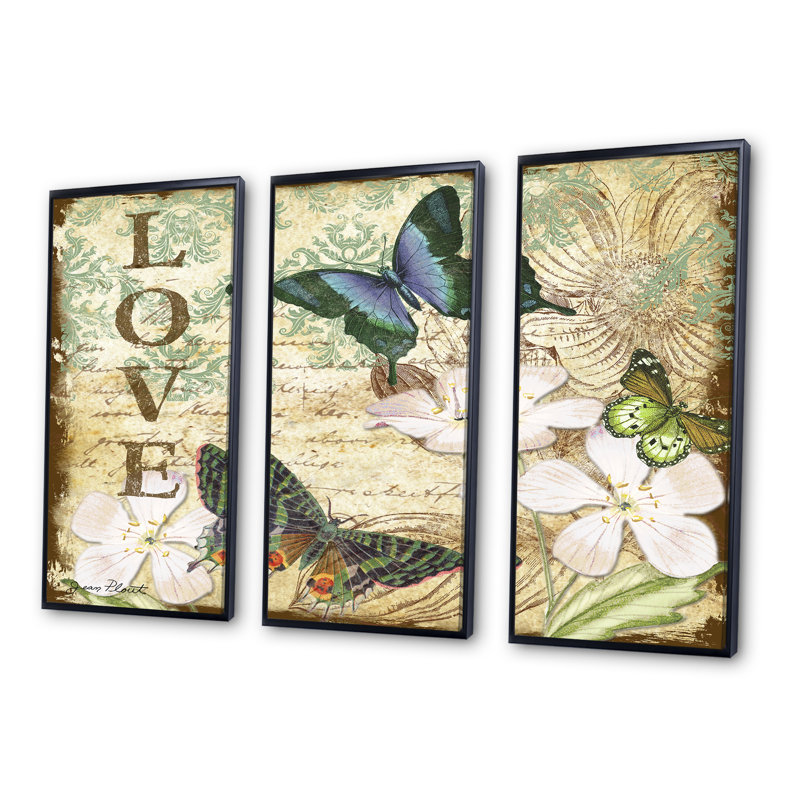 «Inspirational Butterflies Love», ensemble de 3 toiles encadrées sur toile, H 28 po x l 36 po x P 1 po, Noir
