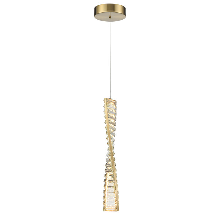 Aged brass finish LED pendant featuring twisted metalwork adorned with rectangular crystals