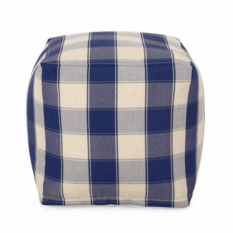 Connor Checkered Square Pouf, Stylish Ivory and Navy Blue, Versatile Ottoman or Floor Cushion for Modern Interiors