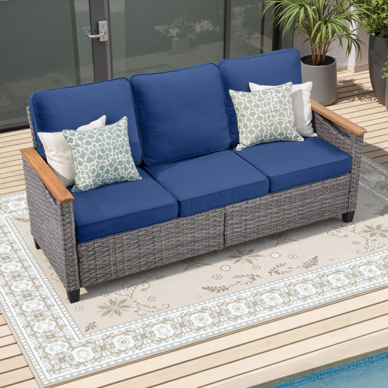 Wicker Patio Sofa With Cushions, Blue