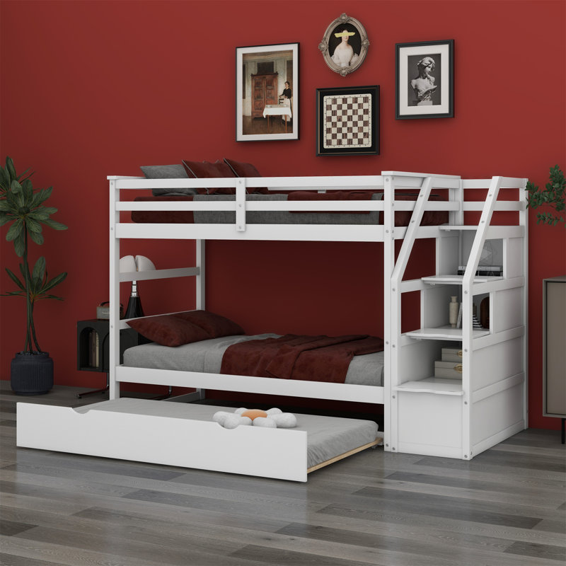 Janyll Kids Twin Over Twin Bunk Bed with Trundle, White