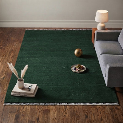 Hand Woven Solid Dark Green Cotton & Polyester Rectangle Indoor Area Rug