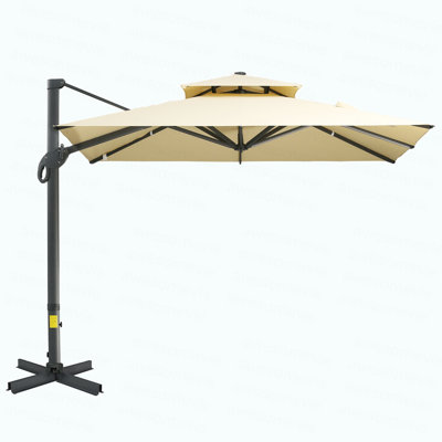 Parasol de patio décalé 10 pi, porte-à-faux suspendu, forme carrée, base croisée en aluminium, inclinable, rotation à 360 degrés, beige