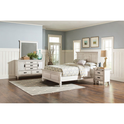 4 chambres pour très grand lit, avec finition blanche vieillie, lit, table de chevet, commode, miroir, cadre de lit en bois, 57 pouces de hauteur, 82,7 de largeur, 87,66 de profondeur, matériau de décoration et de miroir, haut, long, utilisation