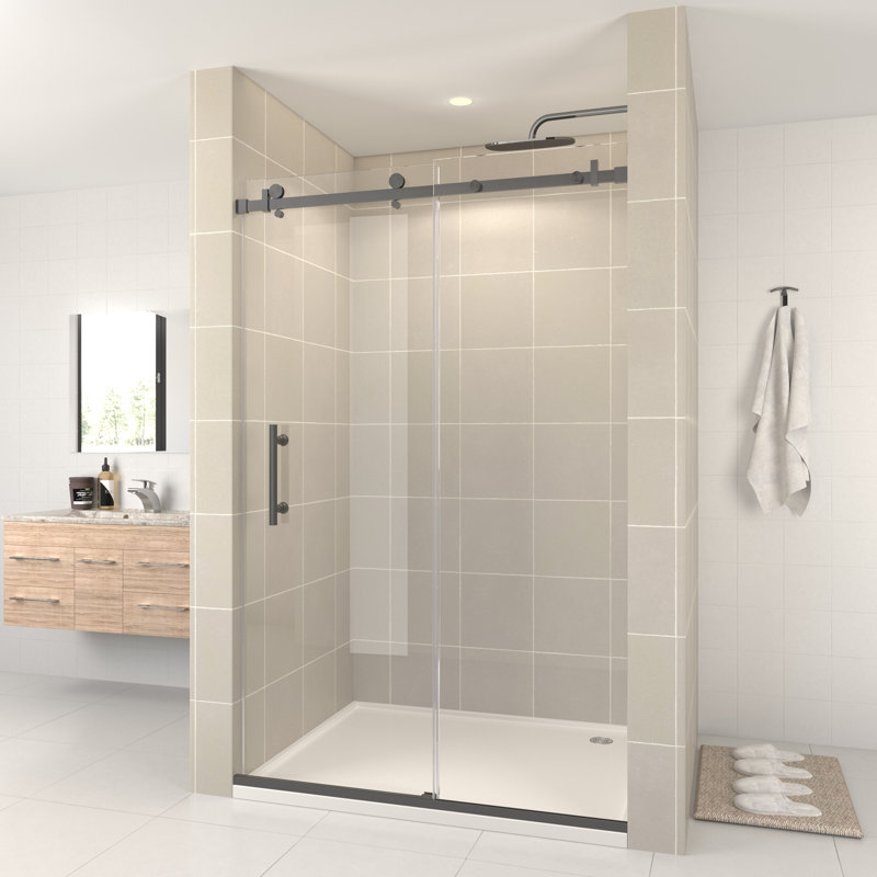 Julien 48'' W x 76'' H Single Sliding Frameless Shower Door with Clear Glass, Space Gray