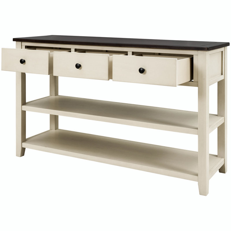 Console rétro avec deux tablettes ouvertes, structure et pieds en bois de pin massif, Espresso, Beige