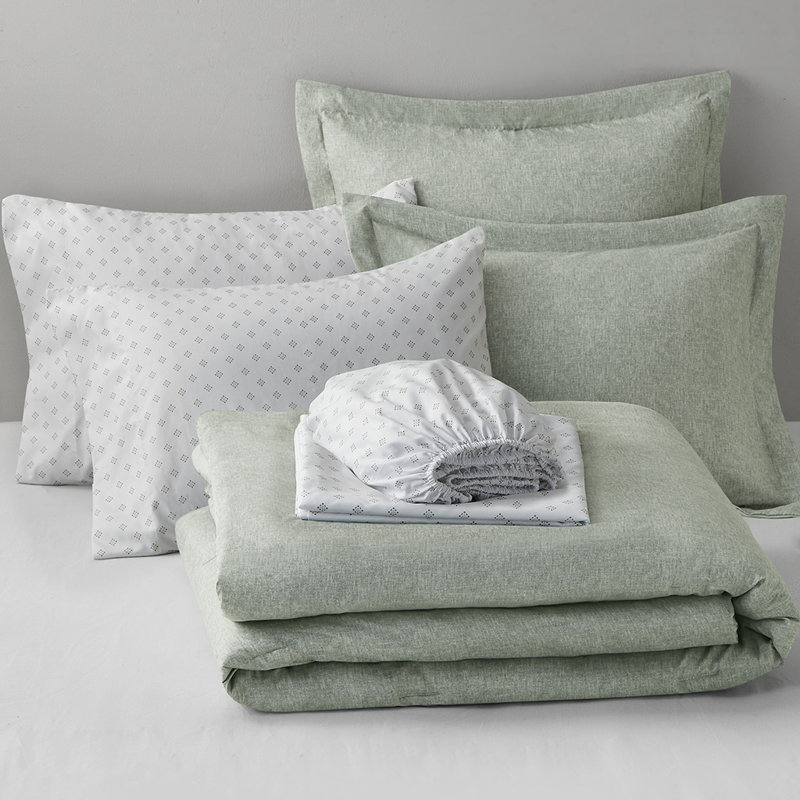 Camden Chambray Print Microfiber Comforter Set With Bed Sheets, Green, Queen Comforter + 6 Additional Pieces