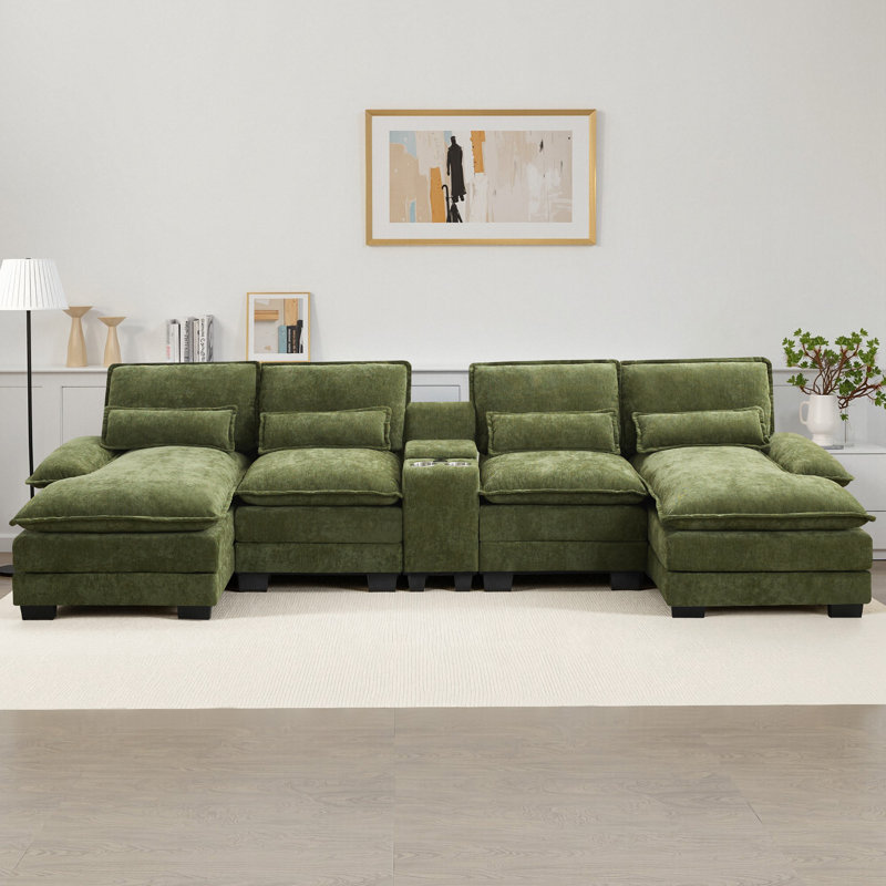 Canapé modulaire en forme de U de 126 po avec console et porte-gobelets et ports USB, Vert