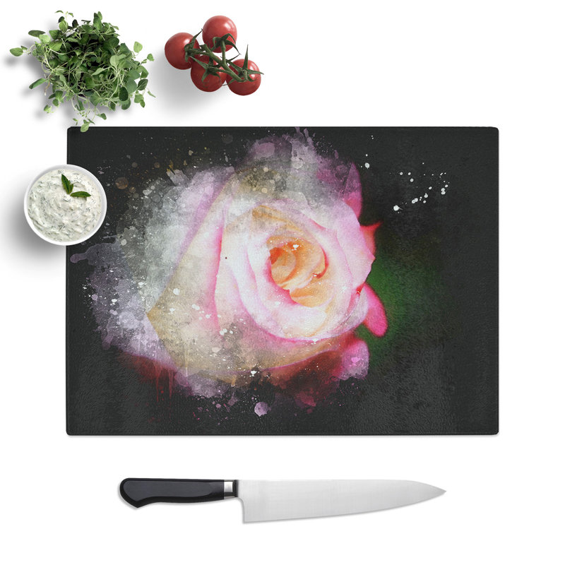 Tempered Glass Pink Tipped Rose Chopping Board, 28.5 cm x 39 cm