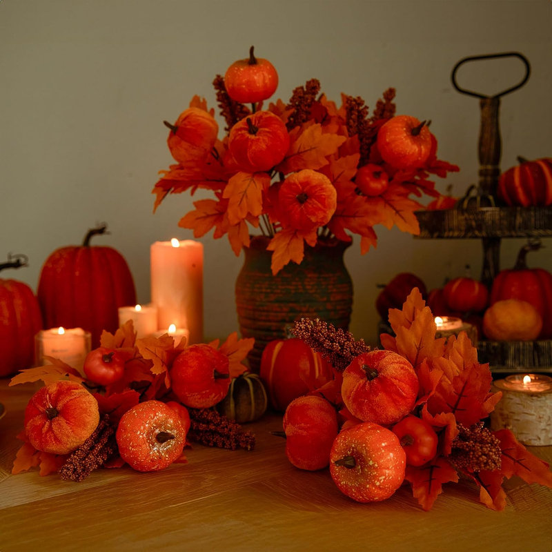 4PCS bouquet de feuilles d'érable avec de la citrouille en soie Tiges florales d'automne pour un arrangement de bricolage Décorations d'automne pour la maison