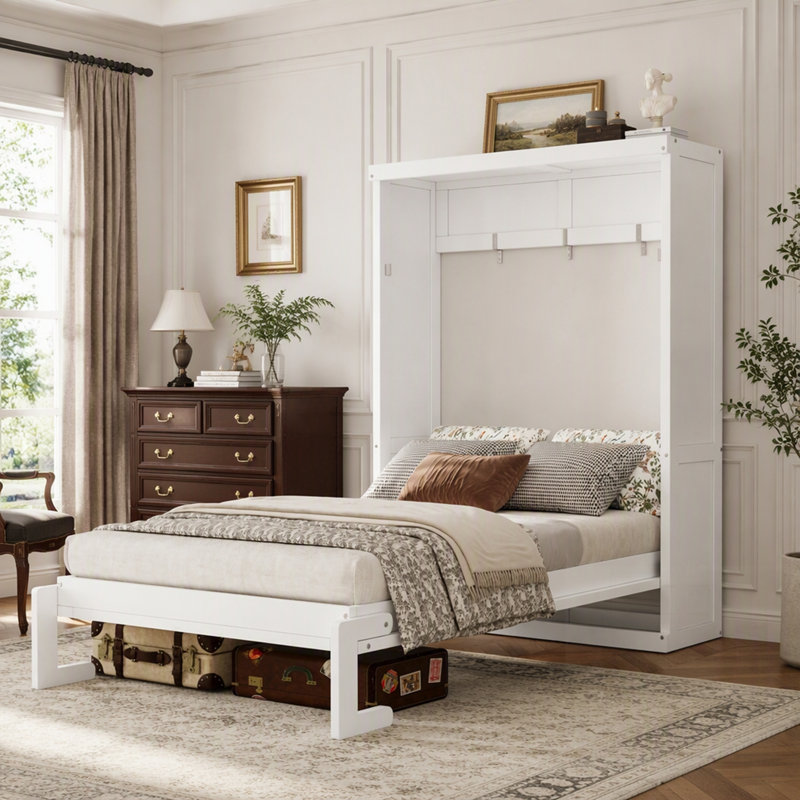 Lit escamotable avec meuble pliable, gain de place et montage facile, idéal pour les petites chambres, Lit simple, Blanc