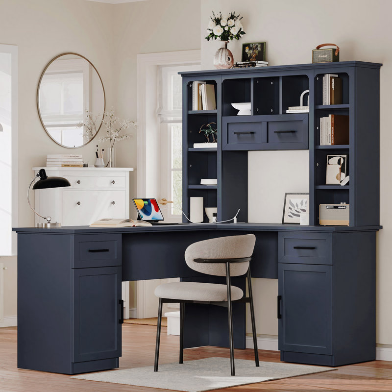 L-Shaped Computer Desk With 2 Cabinets And 2 Drawers, 11 Open Shelves And 1 Right Flip Shelf With Storage, With Power Outlet, For Study, Living Room And Office