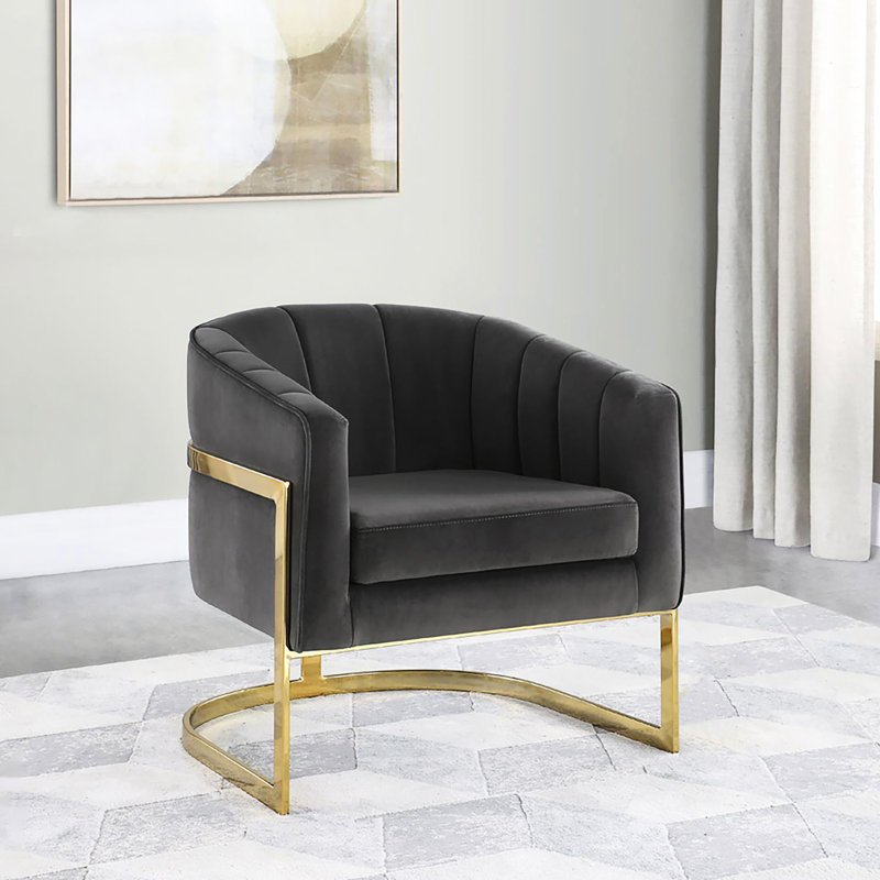 Chaise en velours gris foncé, coussin, fauteuil à structure dorée avec capitonnage